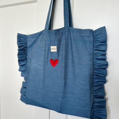 Denim tote bag con volant